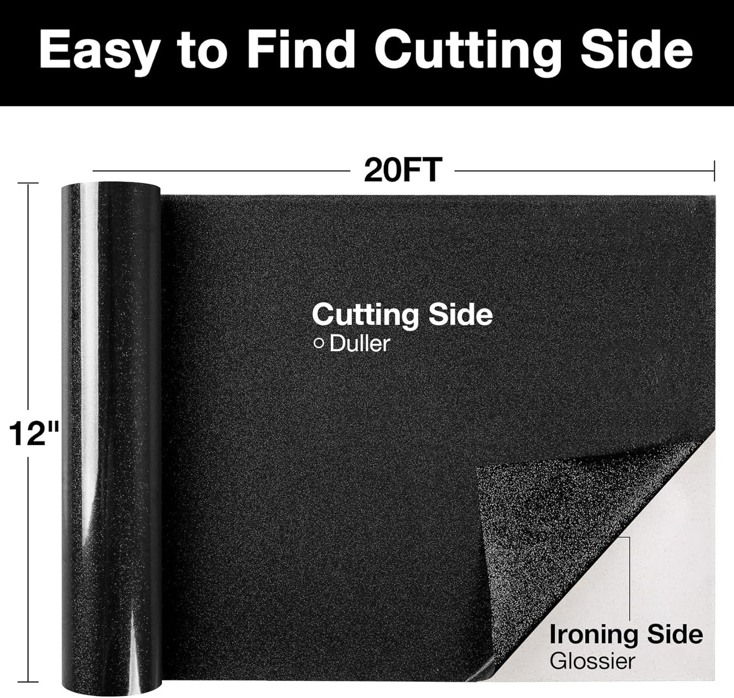 TORC Black Glitter HTV Heat Transfer Vinyl Roll 12 inch x 20 ft Iron on Vinyl for T Shirts Crafts Bulk