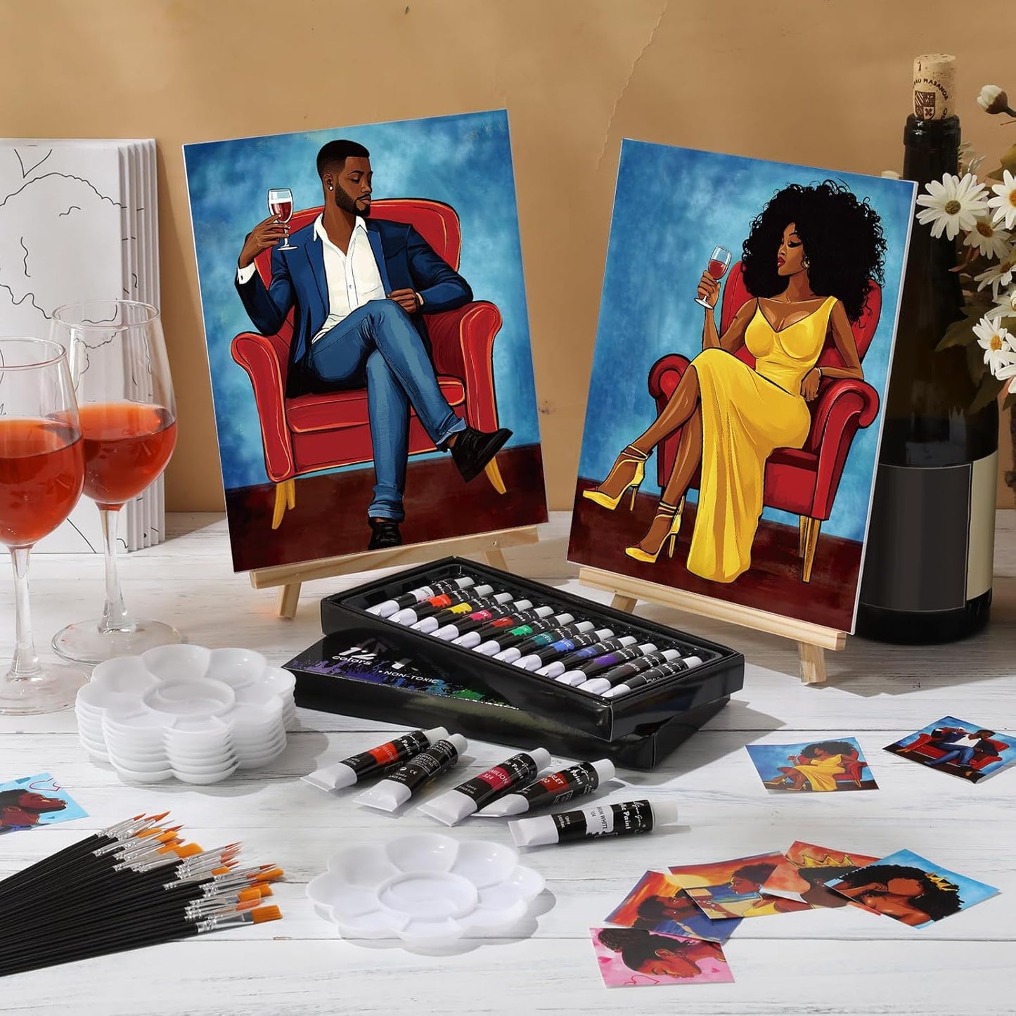 Cholemy 36 Pcs Paint and Sip Kit for Adults 8''x10'' Pre Drawn Canvas for Painting DIY Afro Acrylic Painting Kit Wood Easel Brushes Date Night Bulk for Christmas Party Gifts(Couple)