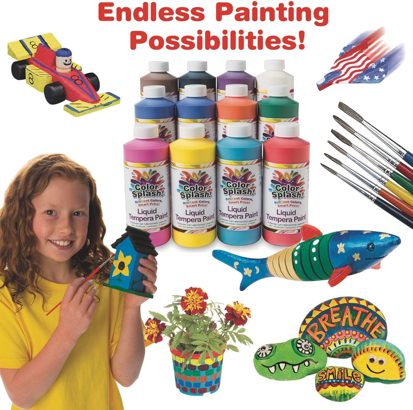 S&S Worldwide Color Splash! Liquid Tempera Bulk Paint, Set of 12 in 11 Bright Colors, 16-oz Easy-Pour Squeeze Bottles, For Arts & Crafts, School, Classroom, Poster Paint, For Kids & Adults, Non-Toxic.