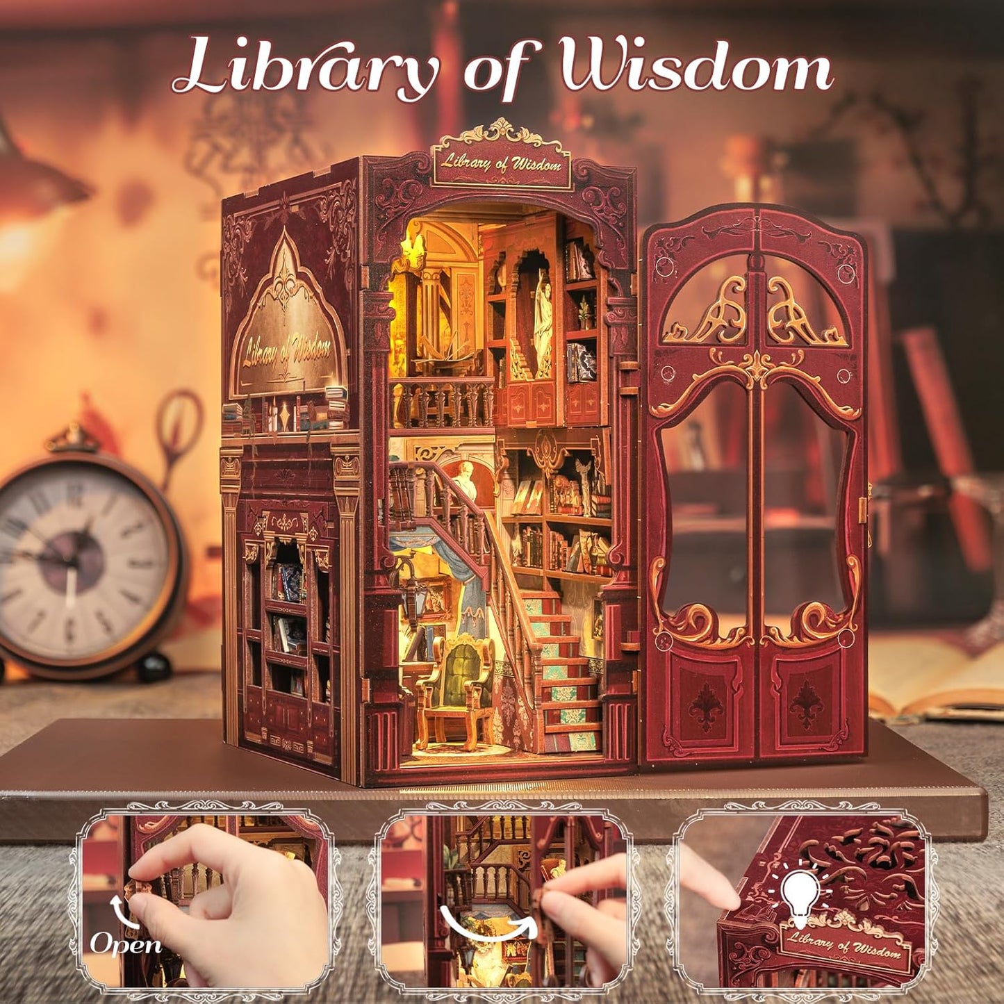 Fsolis Book Nook Kits, DIY Miniature House Kit 3D Puzzles for Adults Tiny House Mini Craft Bookshelf Nook Decor Gifts for Women Teenagers Book Lovers (Library of Wisdom)