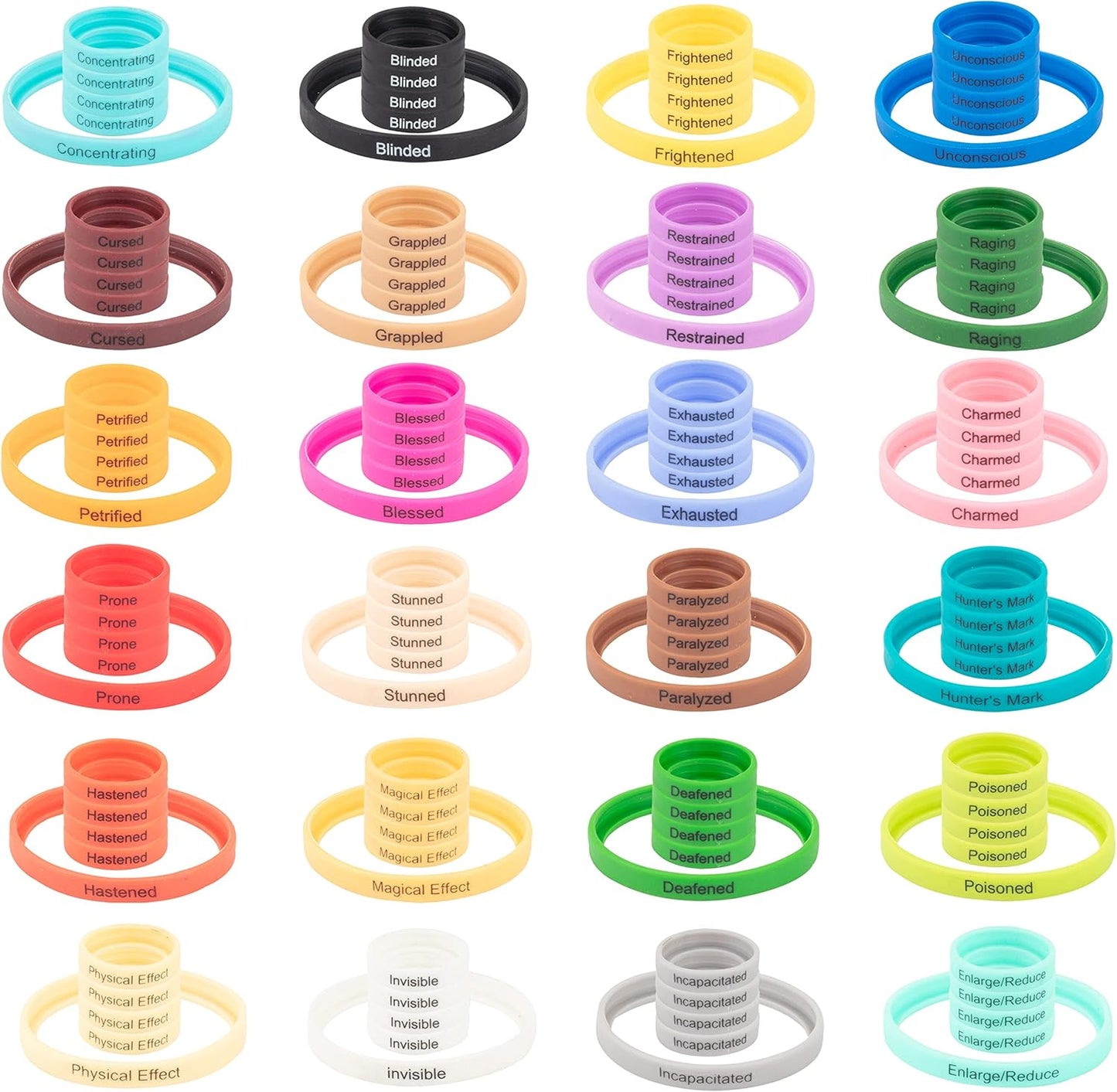 Flexible Condition Rings Status Effect Markers (120 Rings for Standard & Large)- 24 Different Conditions DND Flexible Design- Easy Affix Base Slides Under Figure- Compatible w Pathfinder & RPG Games