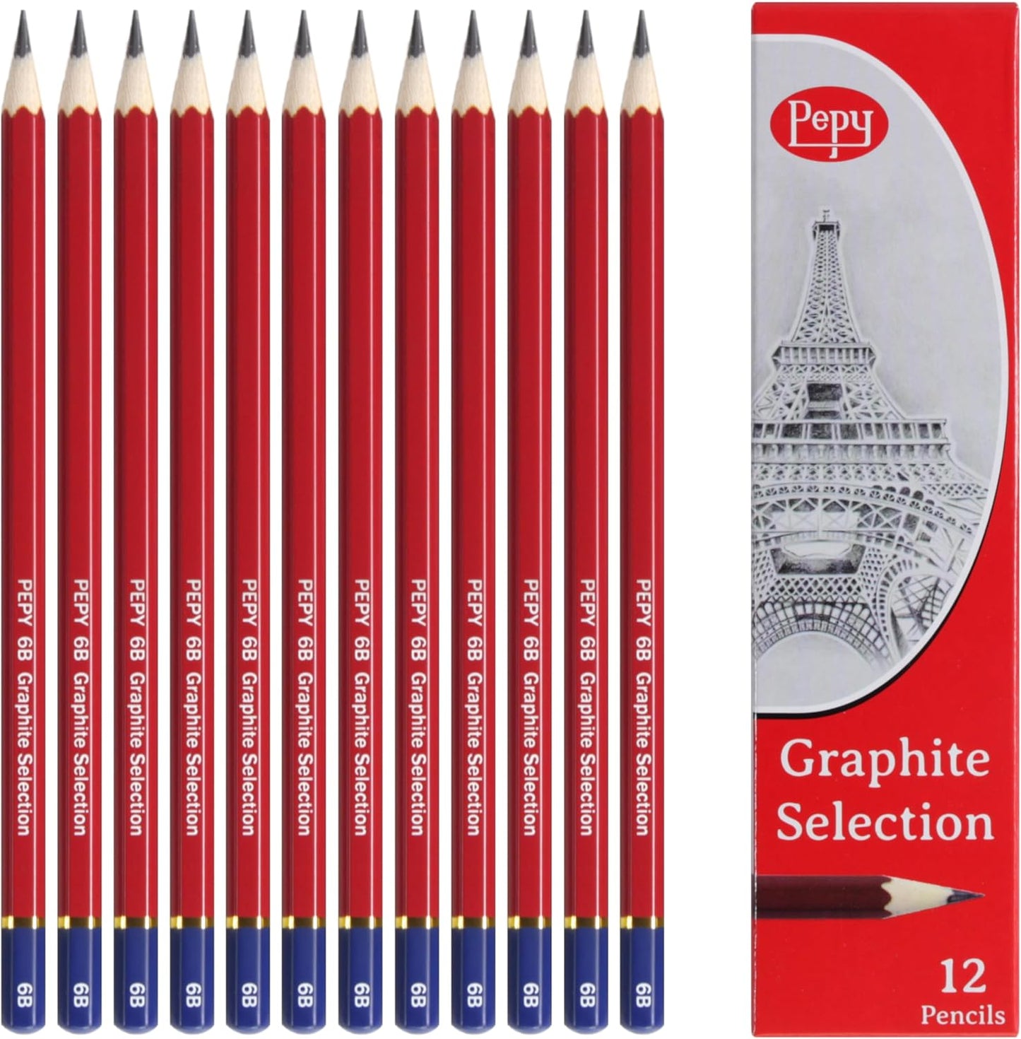 Pepy Graphite Professional Drawing Pencils - Set of 12 6B Pre-Sharpened Black Lead Pencils; Perfect for Drawing, Sketching and Shading, Graphic and Fine Art