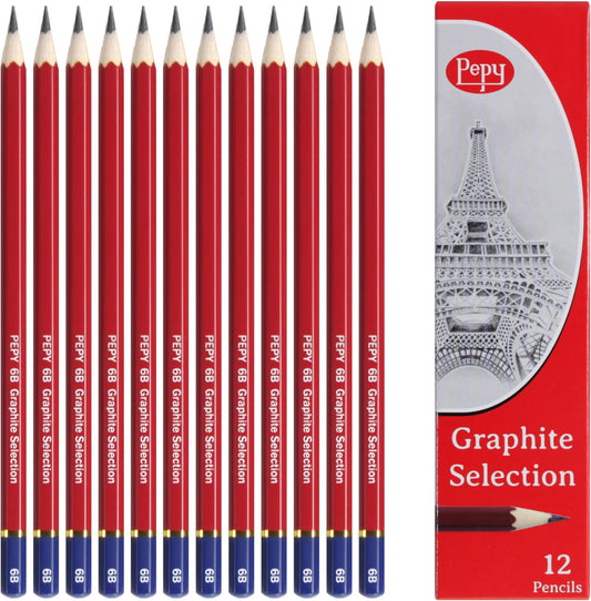 Pepy Graphite Professional Drawing Pencils - Set of 12 6B Pre-Sharpened Black Lead Pencils; Perfect for Drawing, Sketching and Shading, Graphic and Fine Art