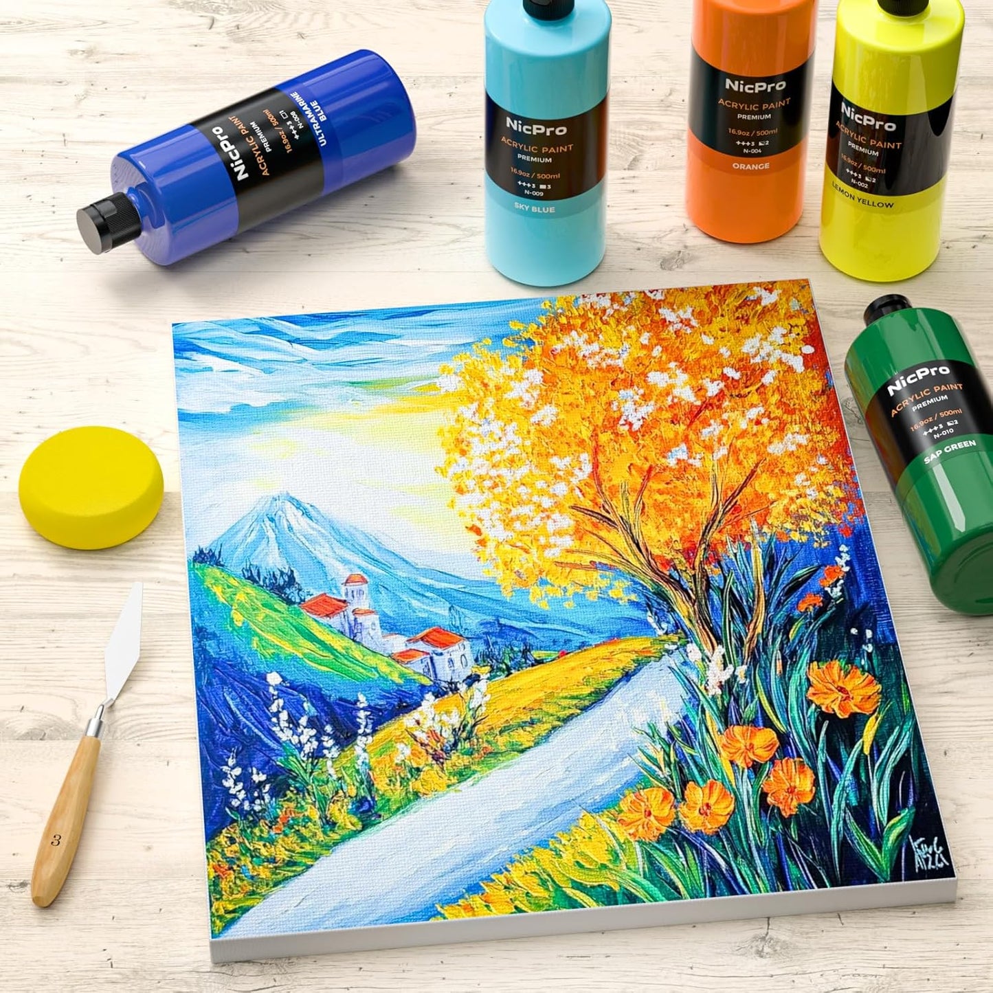 Nicpro 14 Colors Large Bulk Acrylic Paint Set (16.9 oz, 500 ml) Non Toxic Art Painting Supplies for Multi Surface Fabric Canvas Wood Leather Stone, Craft Paint for Kid & Adult with Color Wheel