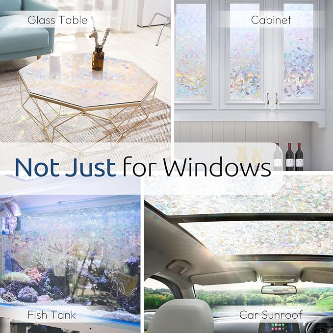 rabbitgoo Window Privacy Film Rainbow Film Decorative Window Sticker, 3D Static Stained Glass Cling Tint for Home Heat Control Non-Adhesive, 11.8 x 78.7 inches