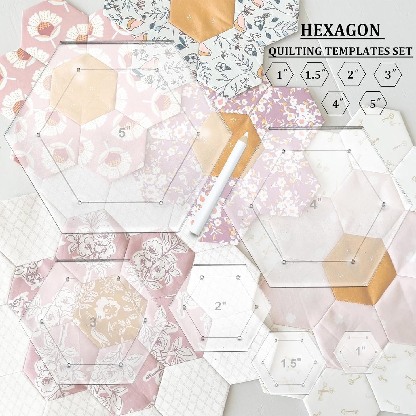 7 Pieces Hexagon Quilting Template with Tailors Chalk Pencil,Acrylic Quilting Rulers Templates with 1/4 Seam Allowance for DIY Sewing Crafts Including 1 Inch,1.5 Inch,2 Inch,3 Inch,4 Inch,5 Inch