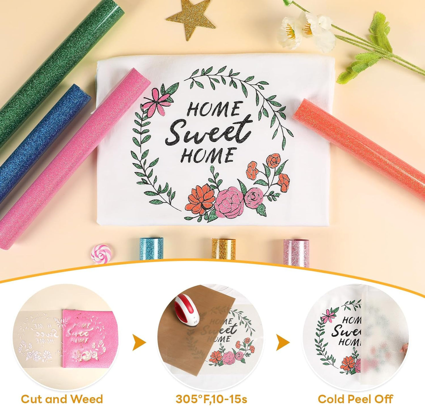 HTVRONT Glitter HTV Heat Transfer Vinyl - 13 Sheets 12" x 10"Glitter Iron On Vinyl for T-Shirts, Sparkle HTV Compatible with Cricut & Silhouette,Easy to Cut & Weed