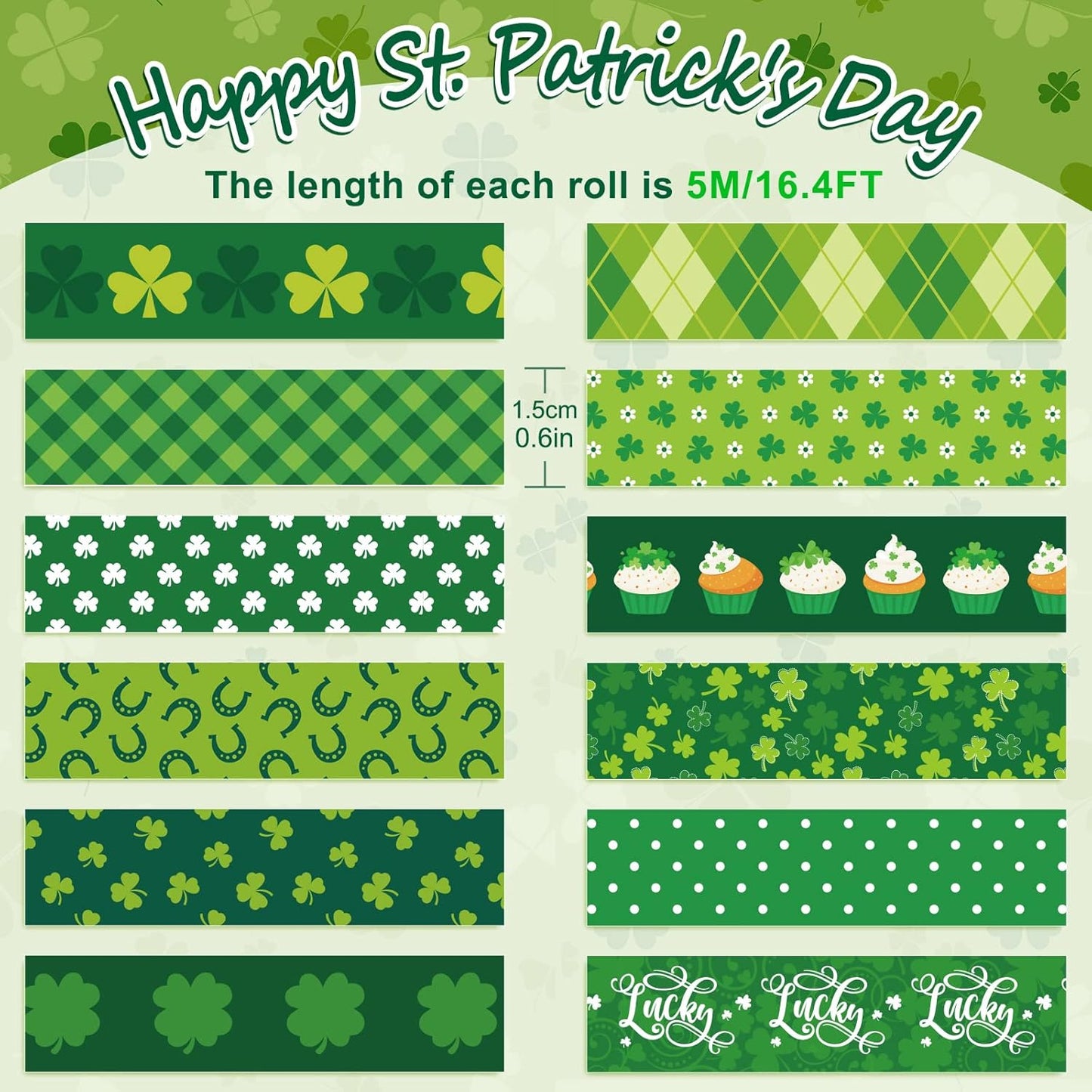 Whaline 12 Rolls St. Patrick's Day Washi Tape Green Shamrock Washi Masking Tape 15mm Clover Plaids Lucky Holiday Paper Tape Sticker for Irish Party Scrapbook Gift Packing DIY Craft Decor, 16.4Ft