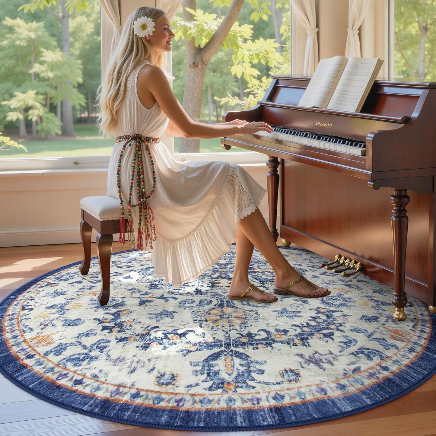 Lahome Round Rug 5'3"Ft, Large Washable Dining Room Round Area Rug Soft Kitchen Circle Rug, Bohemian Non-Slip Non-Shedding Printed Indoor Carpet for Bedroom Entryway Bathroom, Blue Purple/Multi