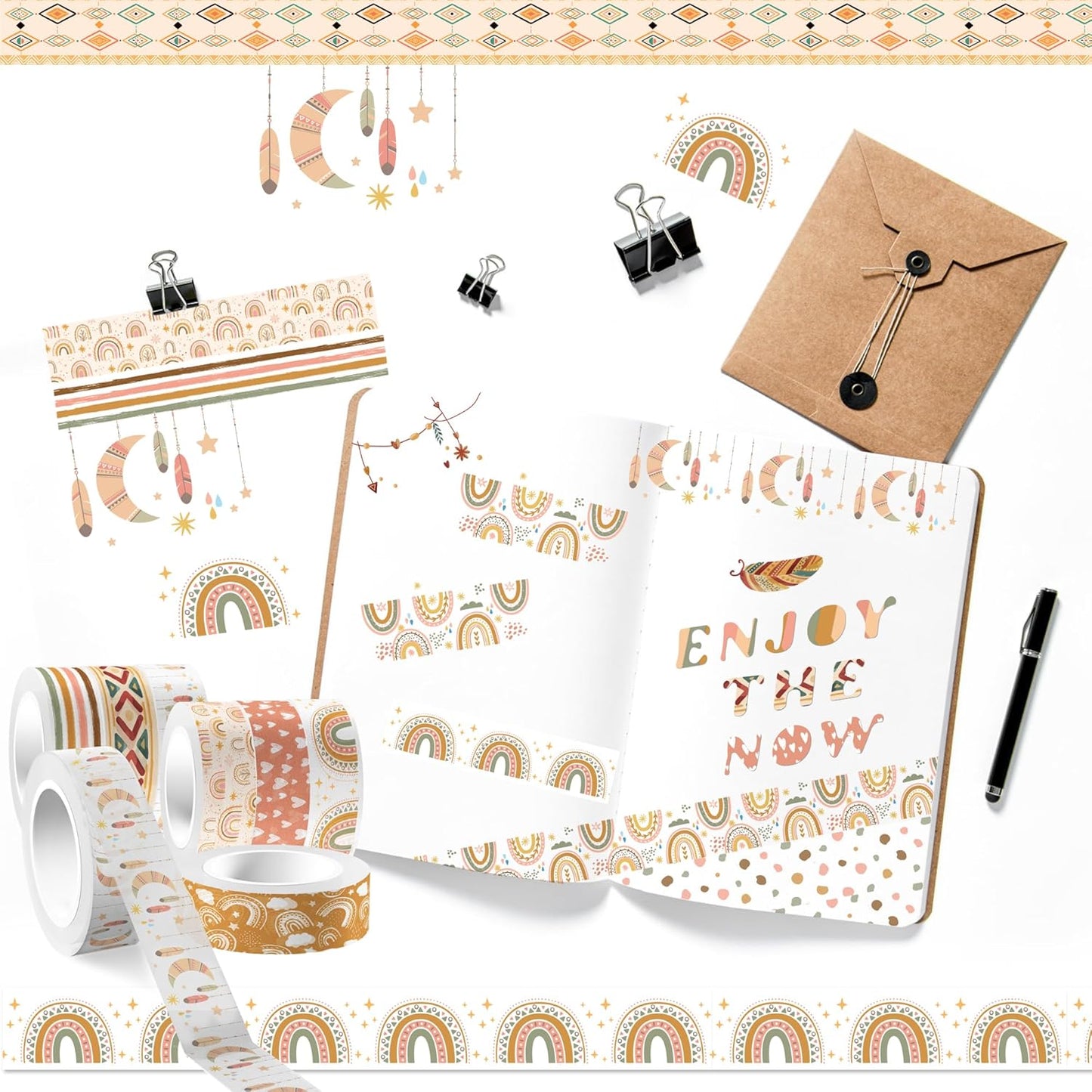 12 Rolls Washi Tape Boho Washi Tape Set Vintage Rainbow Sun Stars Masking Tapes Decorative Paper Stickers Decorative Tapes for DIY Art Crafts Wrapping Decor Junk Journal Scrapbooking Gifts Stickers