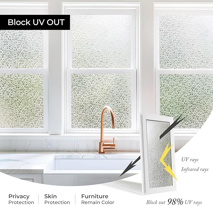 Window Privacy Film, Glass Decorative Static Cling, Removable Sun Blocking Vinyl Covering,Window Film for Home Kitchen Living Room, Seawaves, 17.3" x 78.7"