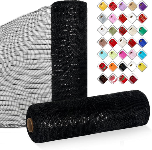 2 Rolls Mesh Ribbon for Wreaths 10 Inch x 30 Foot Wreath Mesh Rolls with Metallic Foil for Easter Christmas Party Wedding Home Decor DIY Craft Projects and Gift Wrapping (Black)