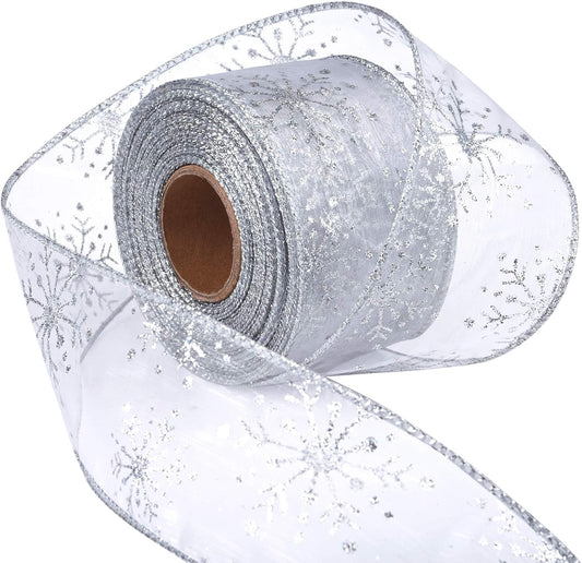 2.5 Inch Wide Christmas Wired Ribbon Snowflake Organza Sheer Glitter Ribbon for Xmas Tree, Wreath, Party Decoration, Gift Wrapping (Silver, 65.7 Foot (Pack of 1))