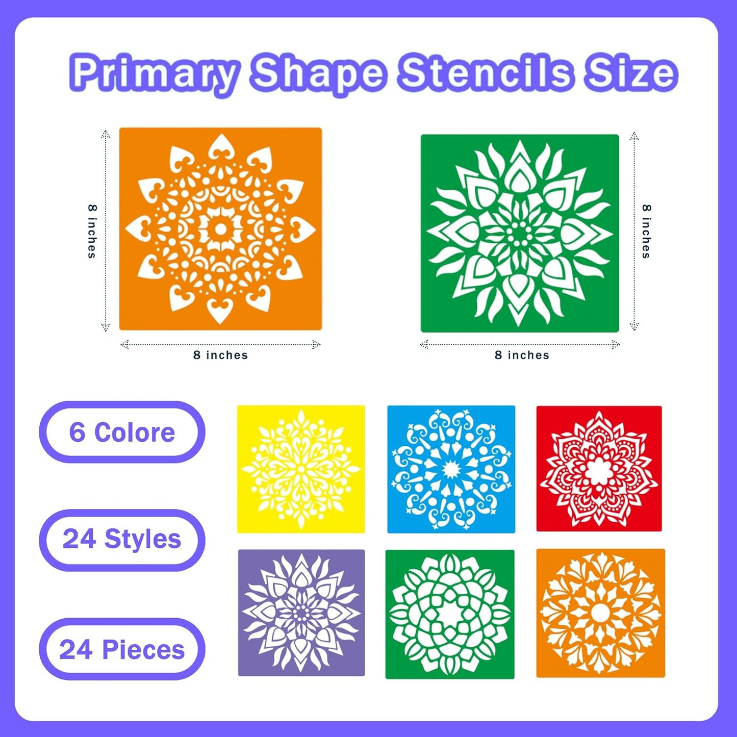24 Pieces Stencils for Kids,Large Drawing Stencils Chalk Template,8 Inches Washable Shape Template Kit for Crafts,Painting Drawing for Kids Toddlers Preschool(Mandala, 8 inch)