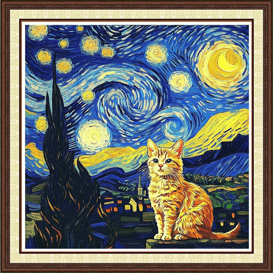 Findvoor Counted Cross Stitch Kits for Adults Full Range of Cross Stitching Embroidery Unprinted Pattern for Beginners, 11CT Needlepoint Kit Patterns Embroidery Kits-Cat Van Gogh Starry Sky 18x18 inch