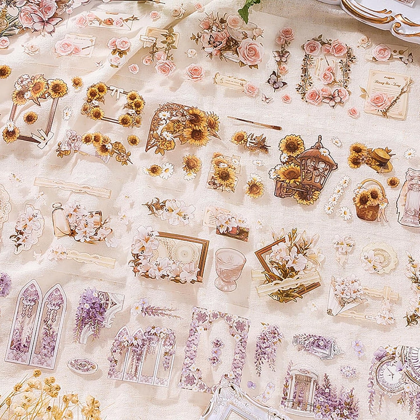 4 Rolls Pre-Cut pet Flower Tape Stickers Flower Vintage Stickers Decorative Tape Aesthetic Stickers for Journaling, Scrapbook Supplies