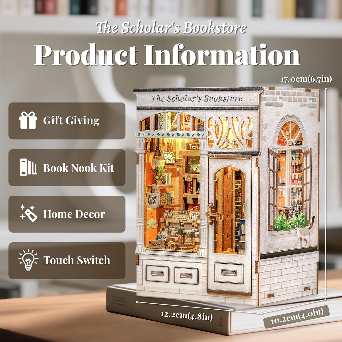 Fsolis Book Nook Kit - DIY Miniature Dollhouse Kit 3D Puzzles for Adults Tiny House Mini Booknook Craft Bookshelf Decor, 168 Wooden Pieces, Gifts for Women Book Lovers(The Scholar's Bookstore)