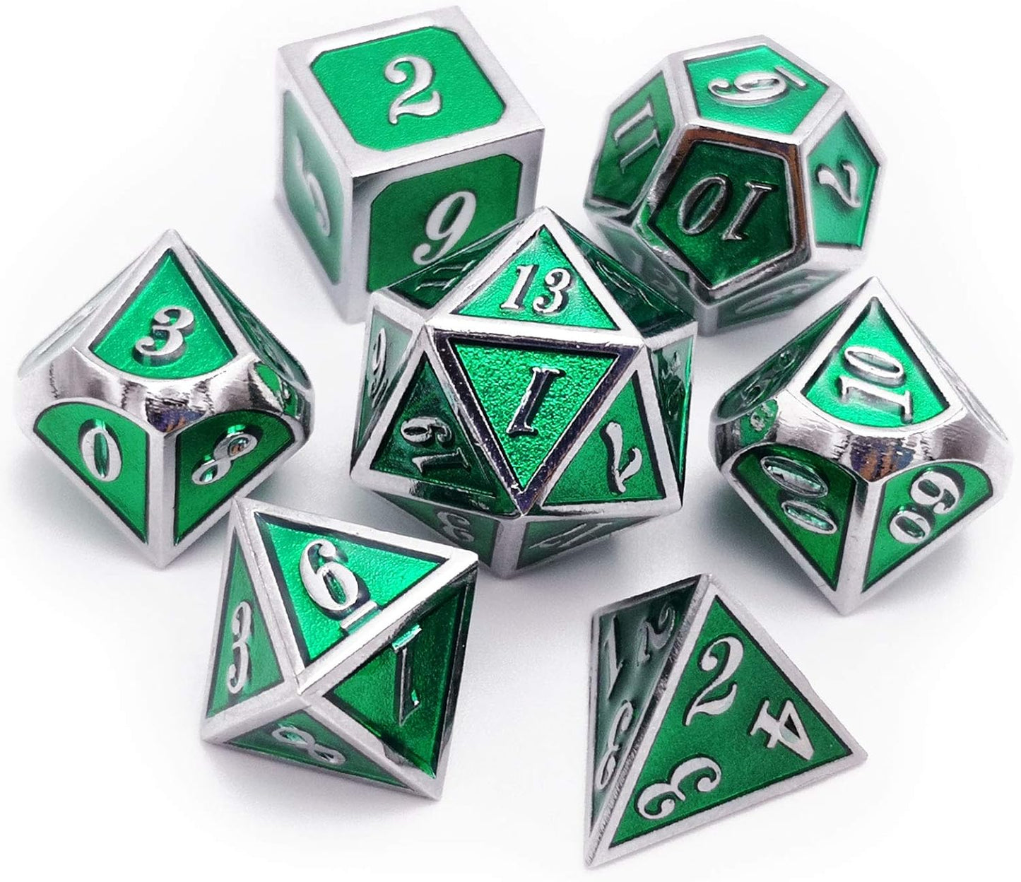Haxtec 7 Die Metal DND Dice Set Green Elven Goblin D&D Dice Set Compatible with Dungeons and Dragons RPG Gaming-Silver Emerald Green Elvish Dice