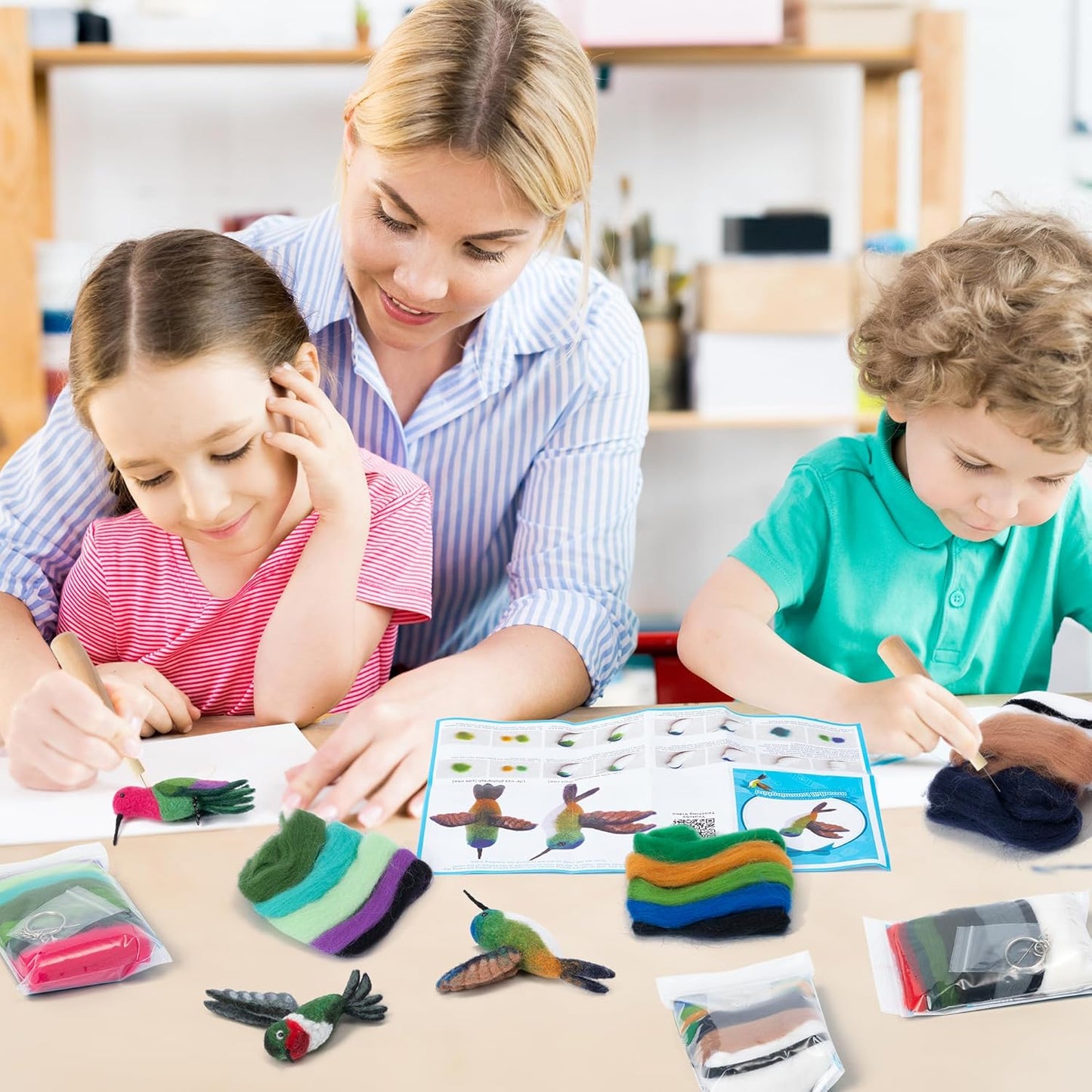 WATINC Needle Felting Kit - 3 Set Unique Different Cute Doll Wool Felt Needle Tools Foam Pad Instruction, DIY Home Decoration Craft Party Supplies for Art Work Starter Beginners (Hummingbird)