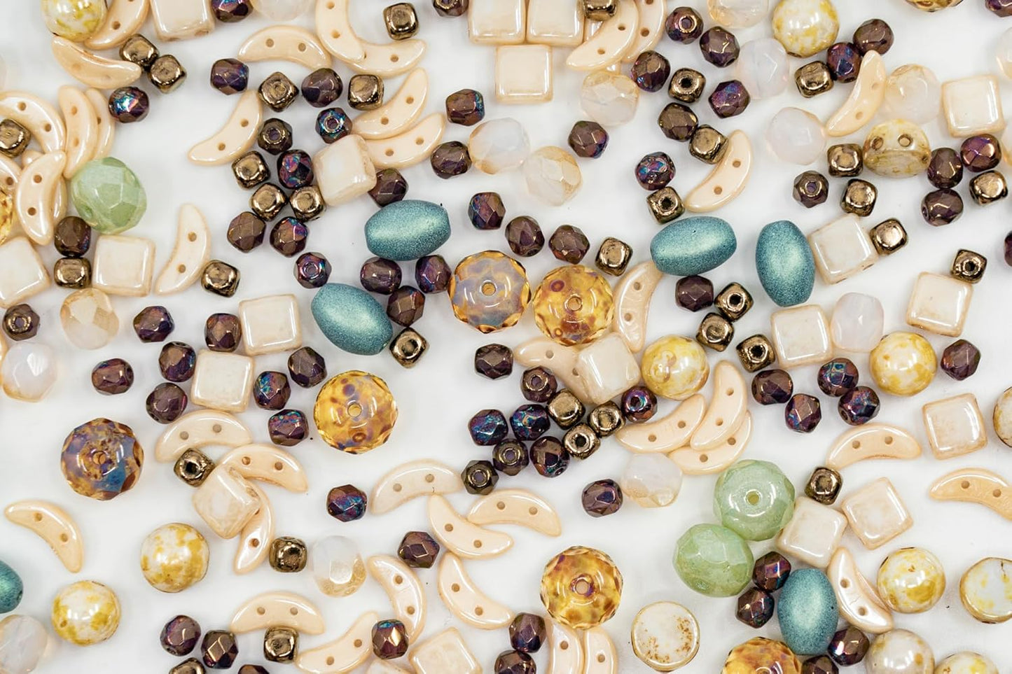 2.1oz (60 g) Mix of Unique Czech Bohemia Glass Pressed Beads, Matte and Glossy, Hand Made, Beige Blue Luster