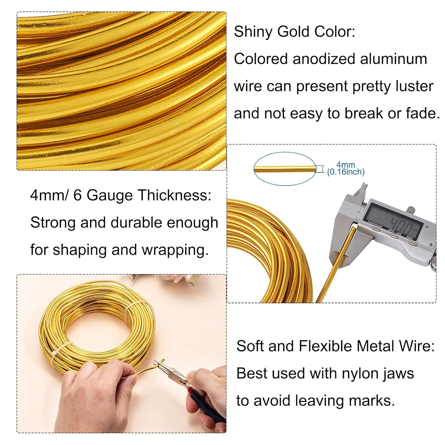 Fashewelry 52 Feet 4mm Gold Aluminum Wire Bendable Metal Craft Wire for Beading Sculpting Jewelry Making