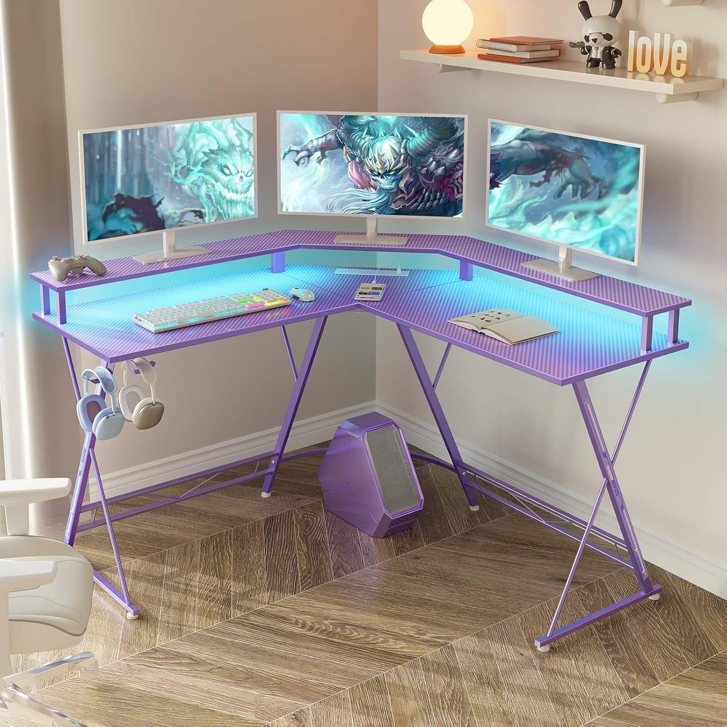 SEVEN WARRIOR Gaming Desk 50.4” with LED Light & Power Outlets, L-Shaped Gaming Desk Carbon Fiber Surface with Monitor Stand, Ergonomic Gamer Table with Headphone Hook, Purple