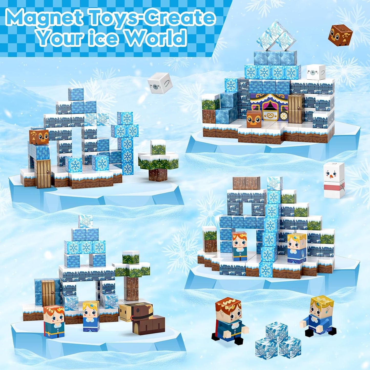 100pcs Magnetic Blocks, Magnetic Blocks for Kids Ages 4-8, Magnetic Cubes Sets for Frozen Princess Castle Build, Stacking Magnets for Kids, Birthday Gifts for Boys and Girls Age 3+ Years Old