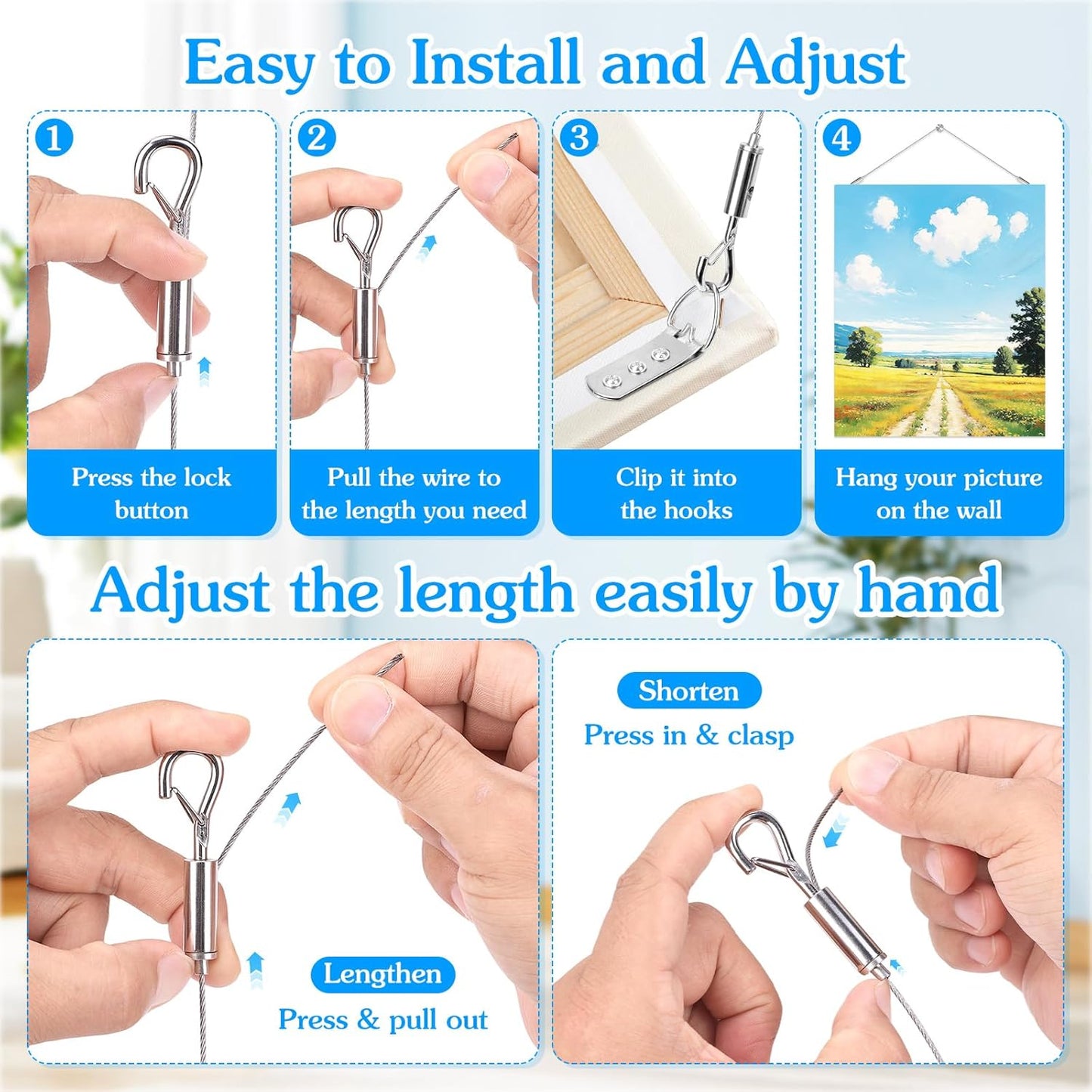 4 Pack Picture Hanging Wire Kit, Heavy Duty Picture Hanging Kit for Frames & Mirrors up to 50lbs, Includes Adjustable 2m Steel Wires, D Rings & Screws, Wall Hanging Kit for Home & Office Décor