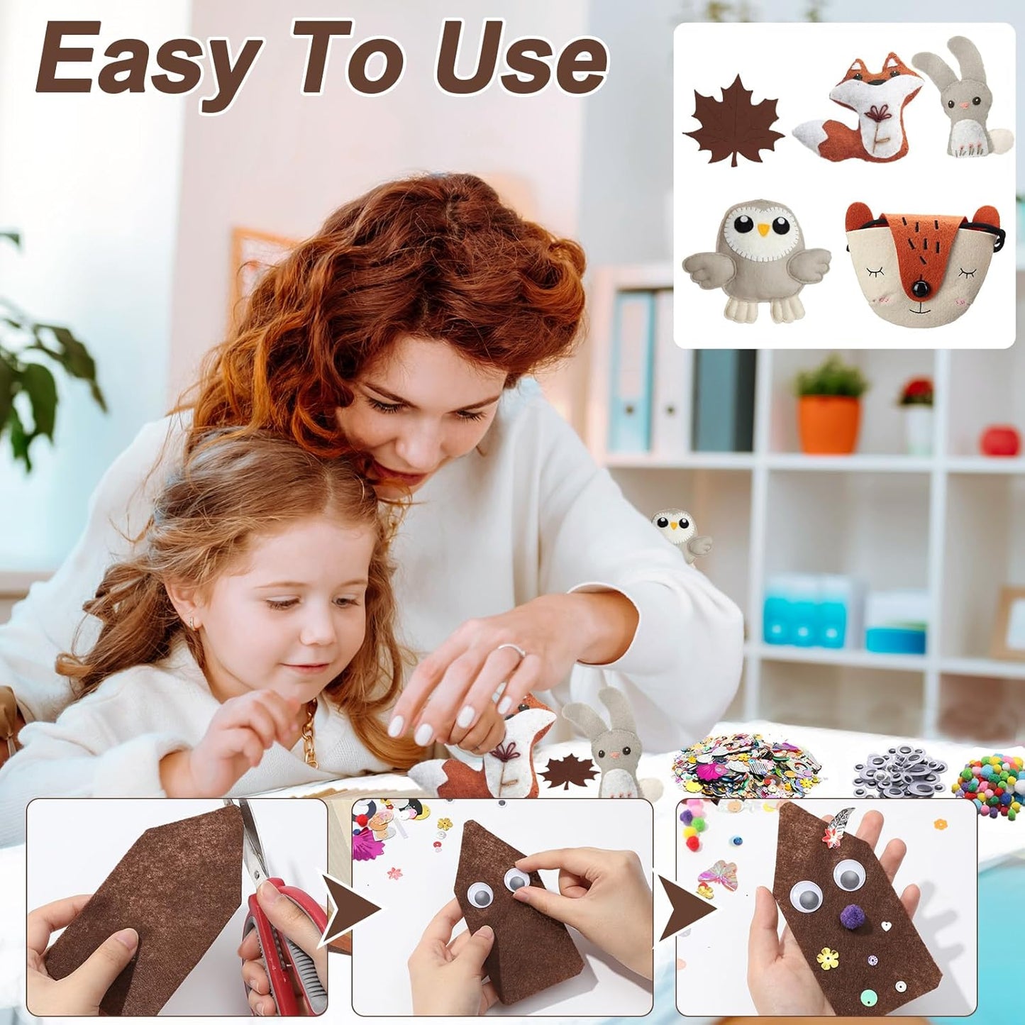 gisgfim 42Pcs Brown Felt Fabric Sheets Craft Kit 8 x 12 Inch Assorted Soft Thick Tan Felt Pack with Wiggle Google Eyes Pom Poms Glitter Patchwork Craft Supply for DlY Sewing Creative Art Project Decor