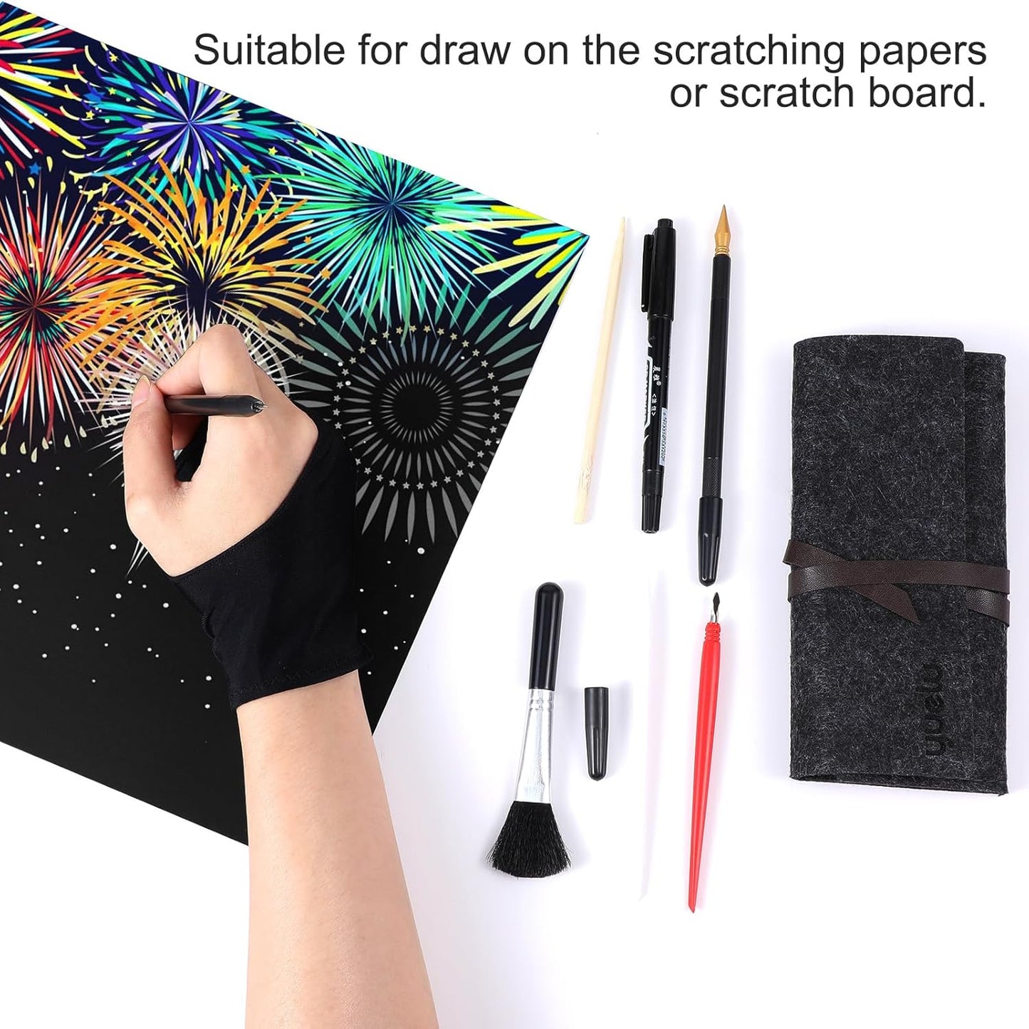 9Pcs Scratch Art Tools Set Including Artist Glove, Tool Bag, Scratch Coloring Pens, Plastic And Wooden Stylus, Scraper, Repair Pen, Clean Brush Scratchs Painting Drawing Tools for Adult Painting Paper