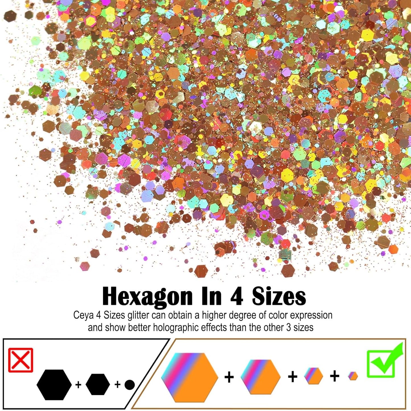 Ceya Holographic Chunky Glitter, 4.9oz/ 140g Rose Gold Craft Glitter Powder Mixed Chunky & Fine Flakes Iridescent Nail Sequins for Nail, Hair, Epoxy Resin, Tumblers, Slime, Painting, Festival Decor