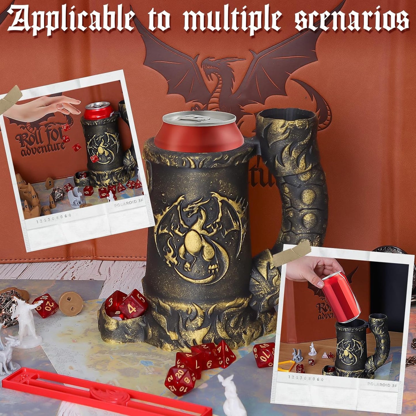 Mug Dice Tower - Dice Rolling Tower,(7PCS D20 Dice Set Included) for DND Gift and Dungeons and Dragon, Tabletop Games, Drink Holder, Tavern Style Board Game Roller (Gold)