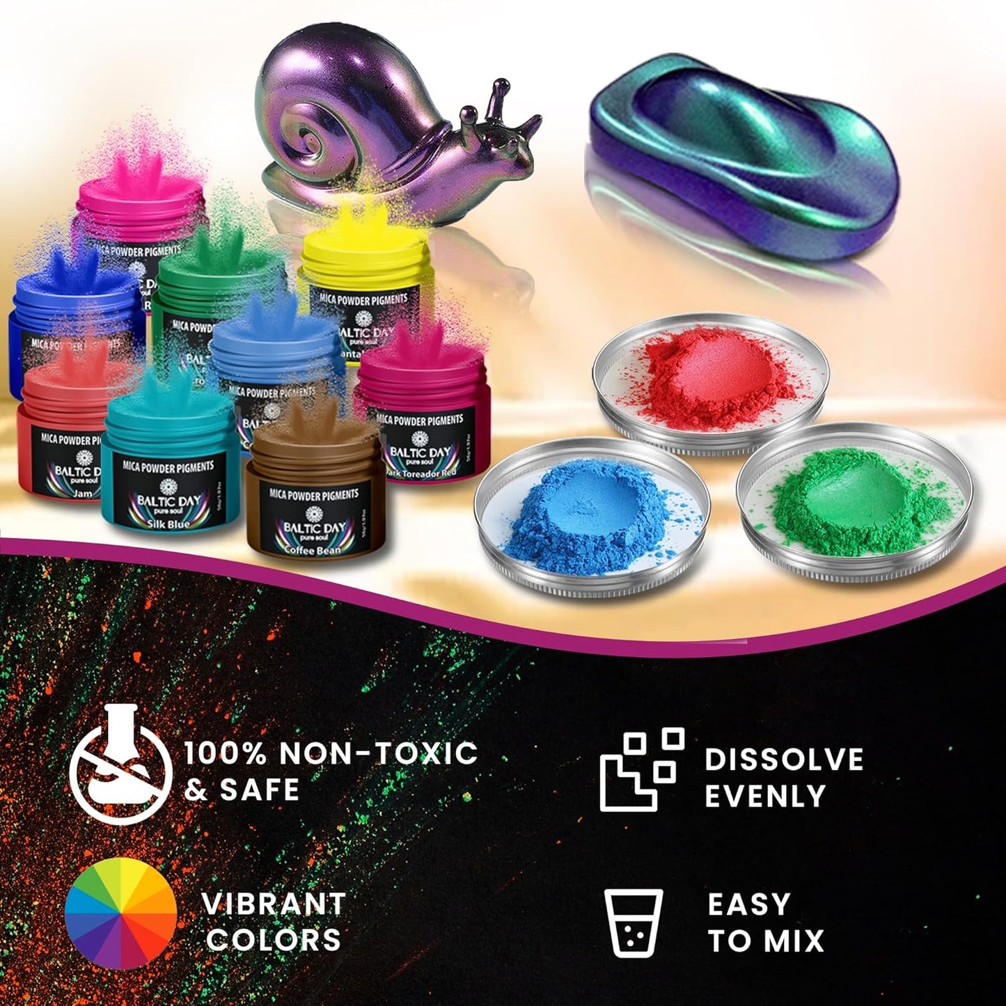 BALTIC DAY - Mica Powder, 30 x 10g Jars of Mica Powder for Epoxy Resin Set - Epoxy Resin Color Pigment Powder - Pigments for Soap Making, Slime, Nails