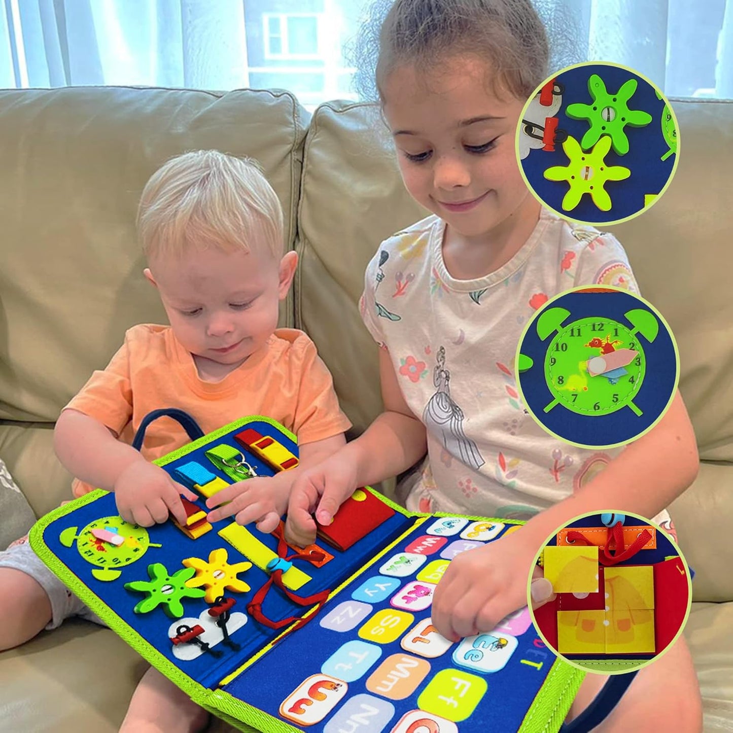 Dinosaur Montessori Learning Toy for Toddlers Ages 1-4 Years, Busy Sensory Board with Educational Activities, Travel-Friendly Developmental Skills Toy