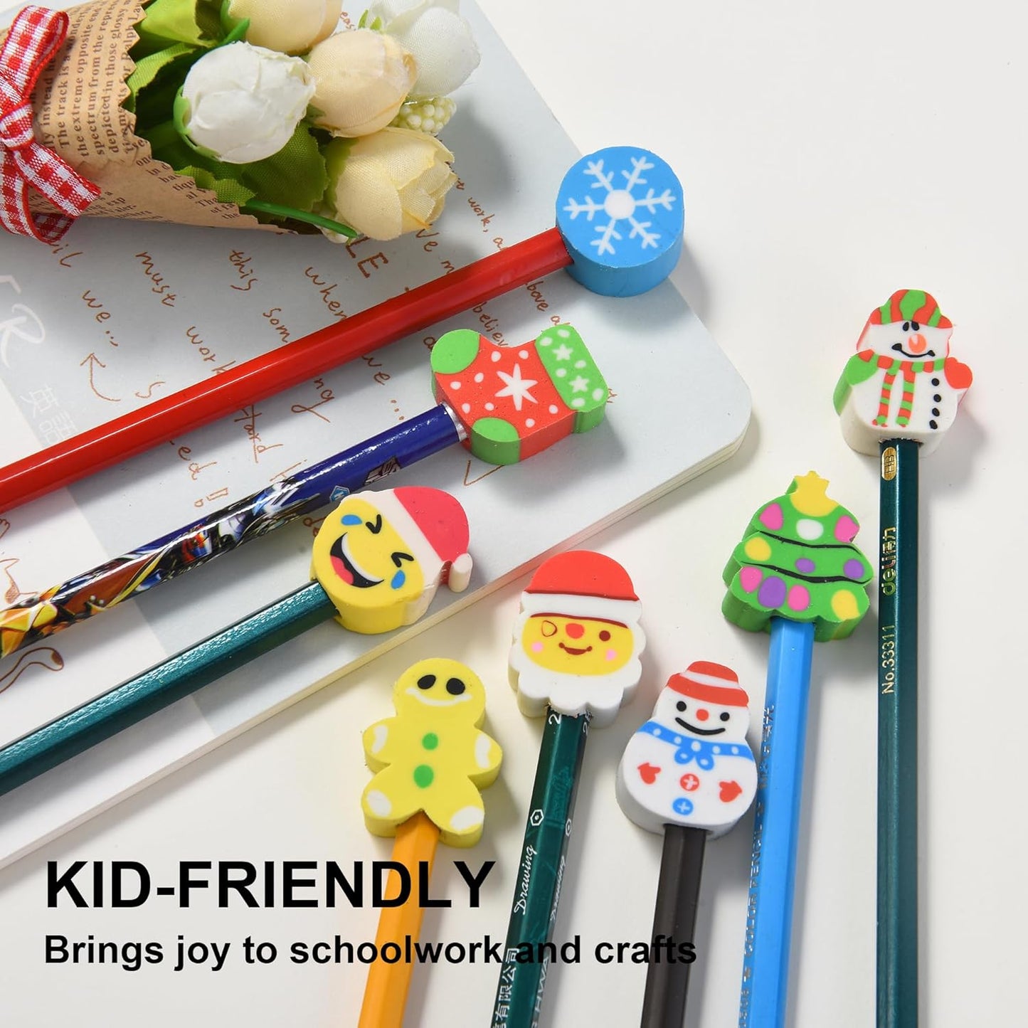 HILAZA 42Pcs Christmas Pencil Top Erasers for Kids Bulk, Cute Eraser Toppers Pencil Cap Erasers for Stocking Stuffers Goodie Bags Stuffers Holiday Party Favors