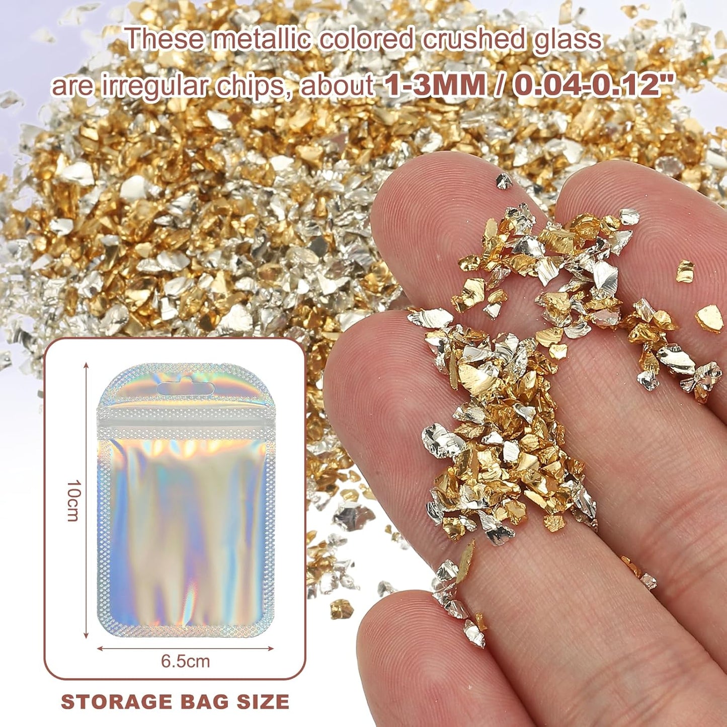 uxcell 6 Colors Crushed Glass Chips, 1-3mm Irregular Glitter Metallic Glass Broken Glasses Pieces with Laser Bag for Craft DIY Vase Epoxy Halloween Decoration 34g, Solid Color