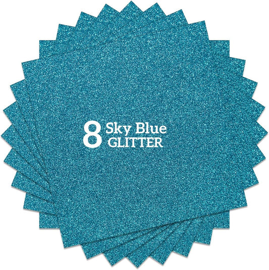 Sky Blue Glitter HTV Heat Transfer Vinyl Bundle 8 sheets-12 x12 Iron on Vinyl for T Shirts Hats Clothing Compatible with Cricut Cameo Heat Press Machine