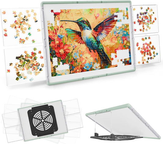 1000 Pieces Puzzle Board 3-in-1 Double-Sided & Rotating & Tilting, Plastic Puzzle Table with Sorting Boxes and PVC Cover, Portable Lazy Susan Jigsaw Puzzle Board for Adults, Gray Green