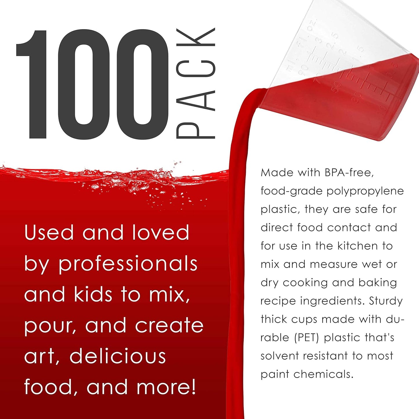 Pouring Masters 3 Oz (90 ml) Liquid Measuring Cups - Plastic Graduated Cup (100 Pack) with 25 Sticks - Reusable Mixing Cups for Paint, Craft, Kitchen, Lab, Medical Supplies, Epoxy Resin, Art