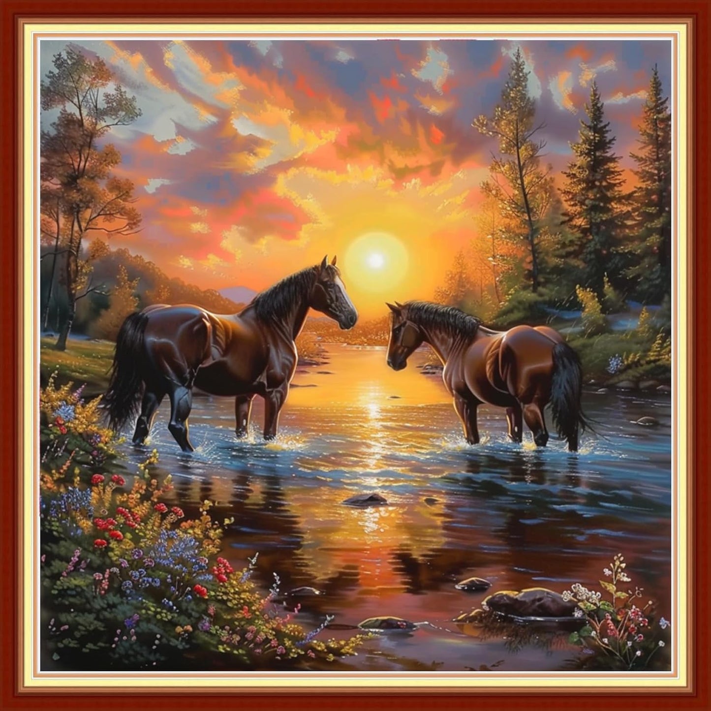 Joyhoor Cross Stitch Kits for Beginners Stamped Cross-Stitch Supplies Needlework preprint Embroidery Kits for Adults DIY Needlepoint Kits Embroidery Patterns 11CT-Sunrise Couple Steed 18x18 inchs