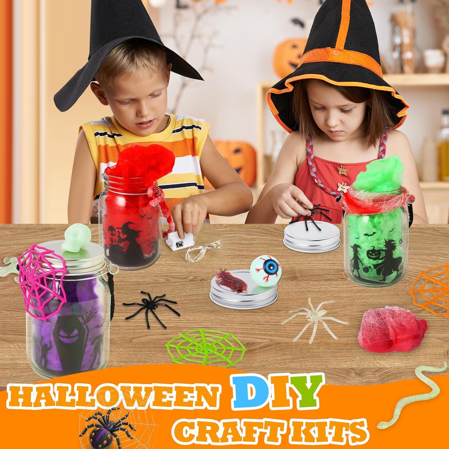 Halloween Crafts Activities for Kids Ages 4-12,6 Pack Glass Mason Jar for School Art Activities,Halloween's Craft Supplies,DIY Lantern Jar for Gifts Halloween Party Favors,Classroom Prizes