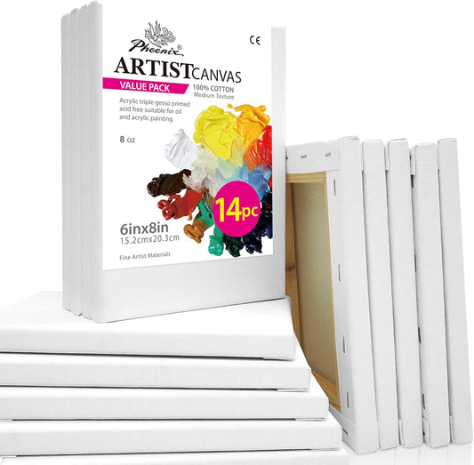 PHOENIX Stretched Canvas for Painting 6x8 Inch/14 Bulk Pack, 8 Oz Triple Primed 5/8 Inch Profile 100% Cotton White Blank Canvas, Small Framed Canvas for Oil Acrylic & Pouring Art