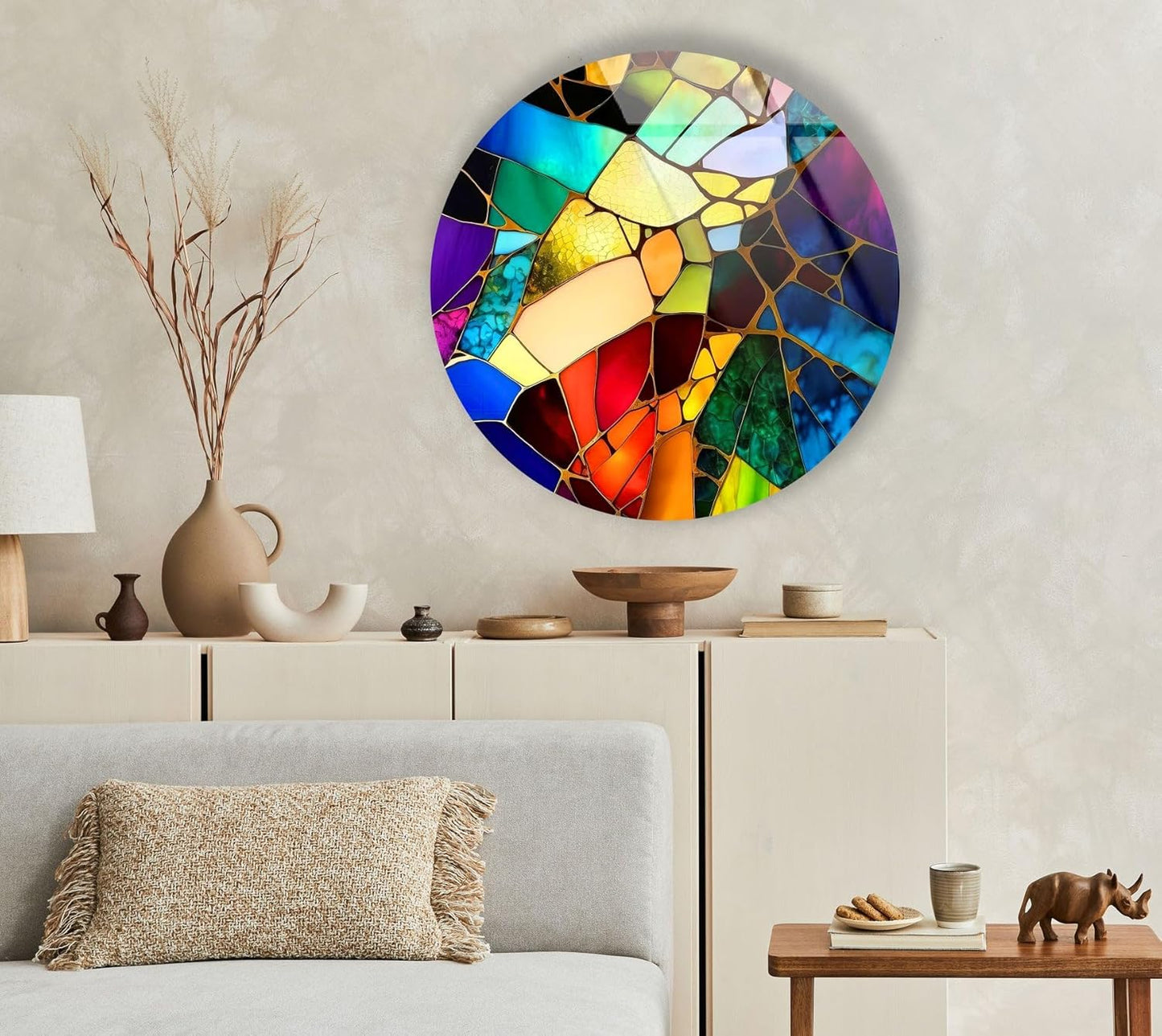 My Photostation.com 15.8''(40cm) Diameter Multicolor Round Stained Glass Wall Art Vibrant Mosaic Abstract Panel Tempered Glass Printing Wall Decor Large Wall Art Wall Hangings