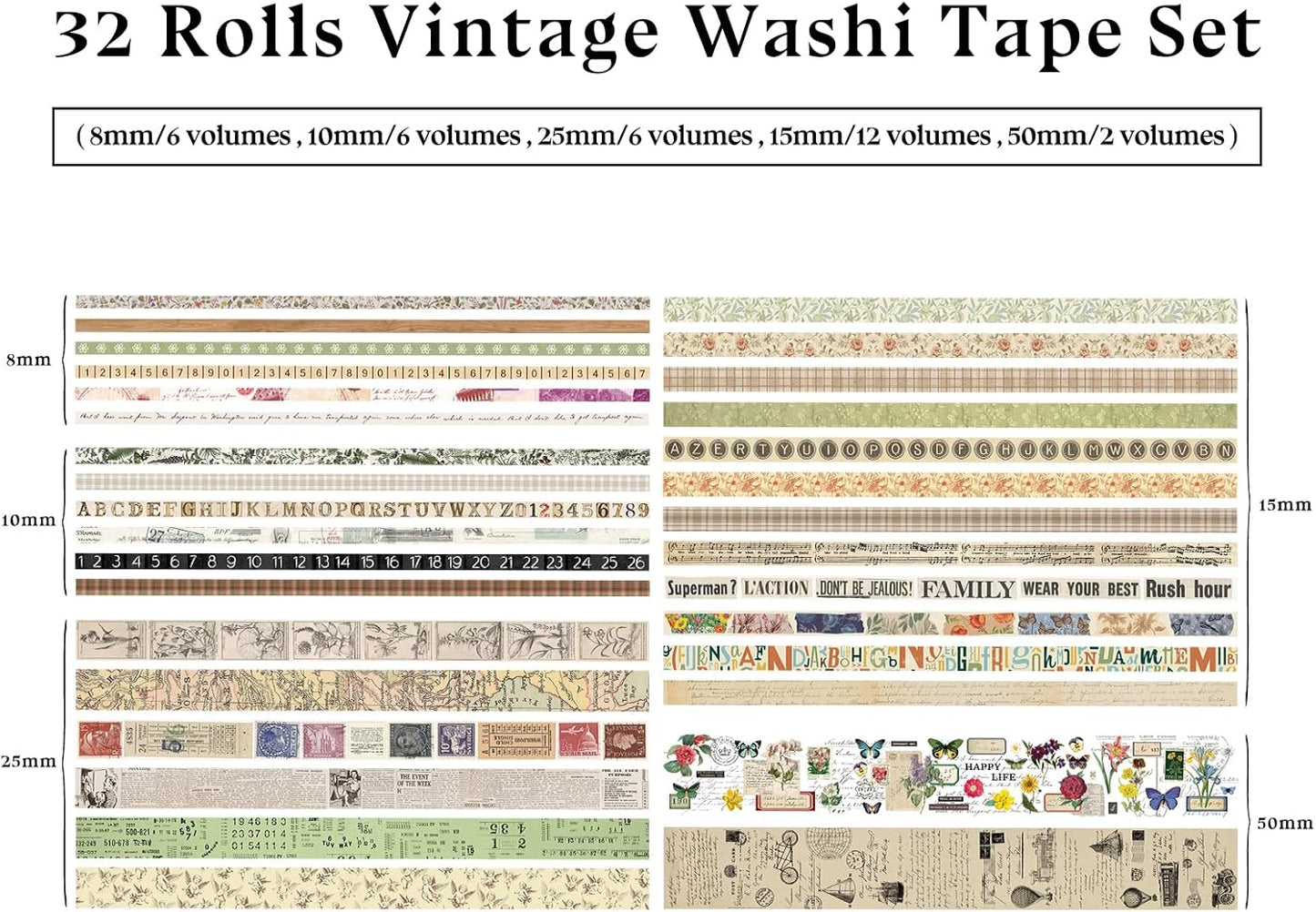32 Rolls Vintage Washi Tape, Aesthetic Colored Decorative Cute Scrapbook Tape for Scrapbooking Supplies Journaling Craft Junk Journal