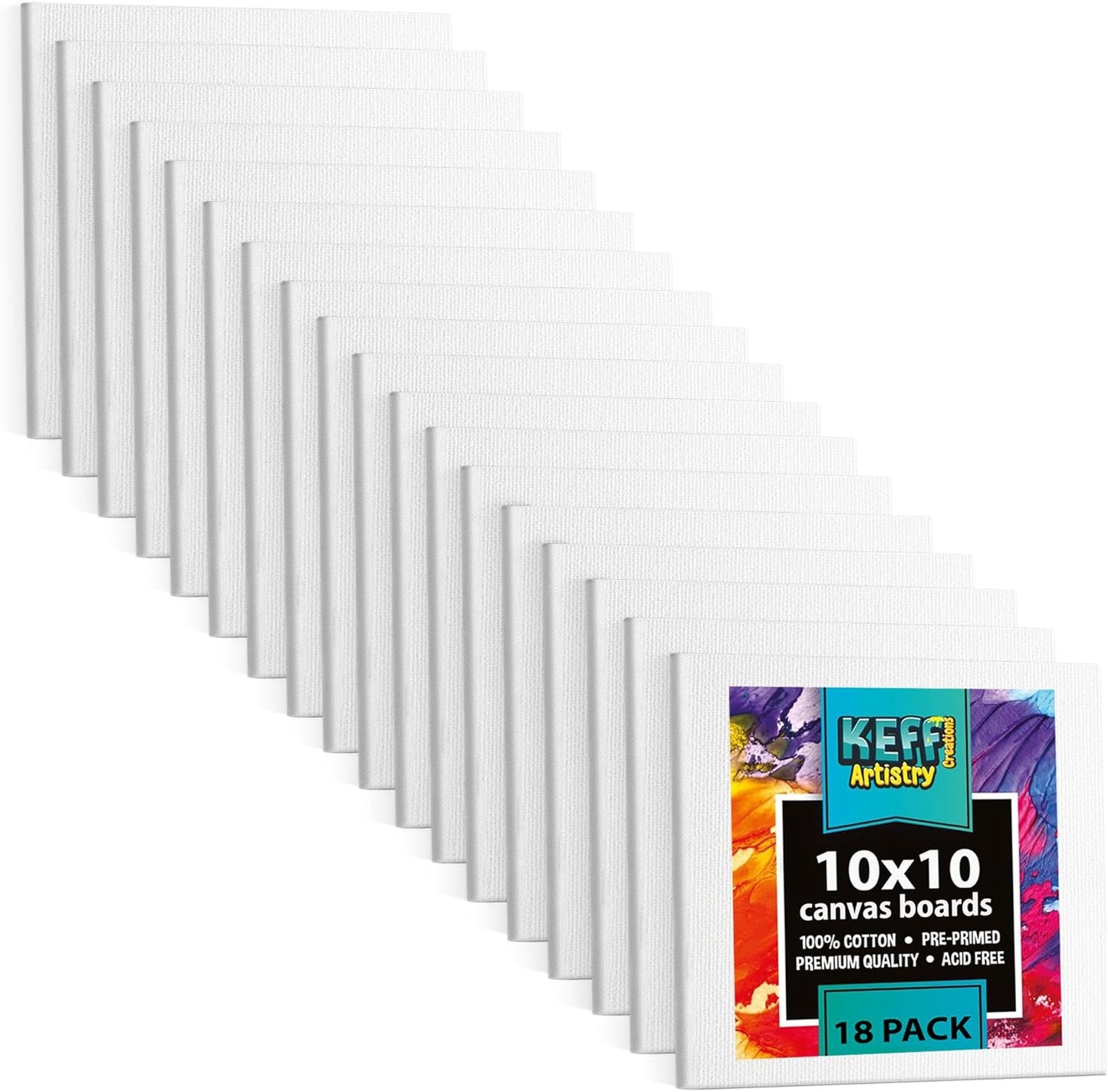 KEFF Canvas Boards for Painting - 10x10 18-Pack Bulk Canvas Panels, 100% Cotton Triple Primed Large Canvases for Art Painting Supplies, Acrylic, Oil, Watercolor & Tempera