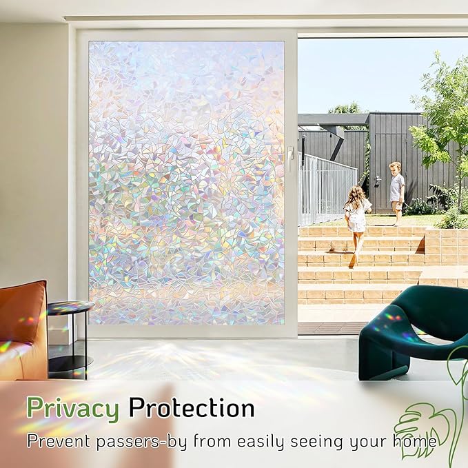 LUTE Window Privacy Film, Rainbow Window Film, 3D Decorative Stained Glass Cling, Non-Adhesive Vinyl Static Cling Removable Glass Stickers, Sun UV Blocking Decal Covering for Home, 23.6 x 157.4 inches