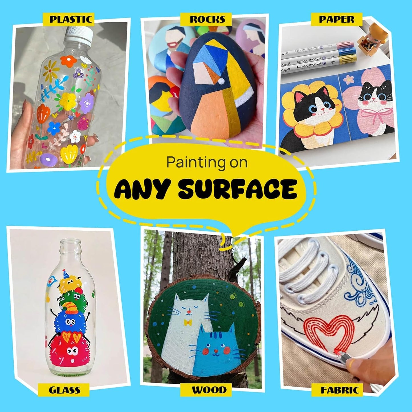 12 Automatic Ink Control Acrylic Paint Markers Dual Tip, No Bleed Brush Medium Tip Acrylic Paint Pens For Rock Painting, Wood, Fabric, Canvas, Glass, Plastic, Art Painting Supplies Kit