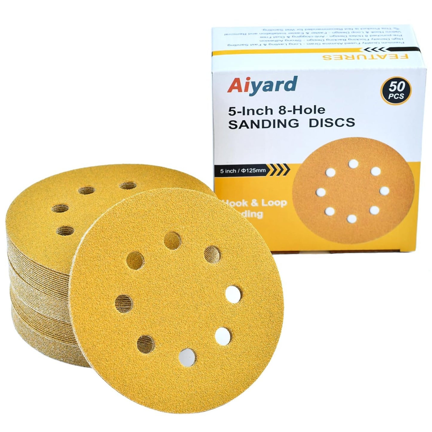 5-Inch 8-Hole Hook and Loop Sanding Discs 100-Grit Random Orbit Sandpaper, 50-Pack