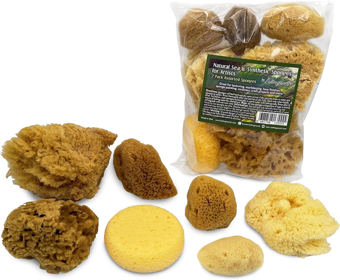 Natural Sea & Synthetic Sponges - Assorted Sizes 7pc Value Pack for Crafts & Artists: Great for Painting, Hobbies, Art, Effects, Ceramics, Clay, Pottery by Lullingworth®