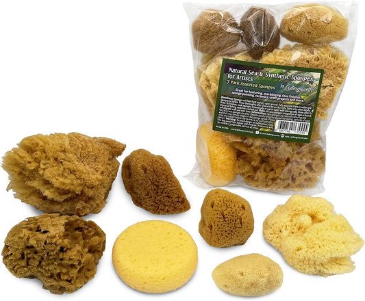 Natural Sea & Synthetic Sponges - Assorted Sizes 7pc Value Pack for Crafts & Artists: Great for Painting, Hobbies, Art, Effects, Ceramics, Clay, Pottery by Lullingworth®